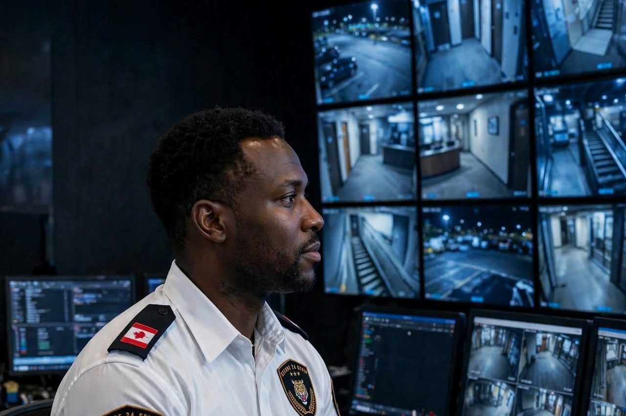Security operator monitoring live camera feeds in a control room